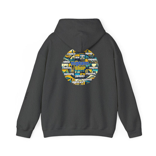 Hoodie • Circular 'Mugman Shop' Collage Logo Back — Minimal Chest Script