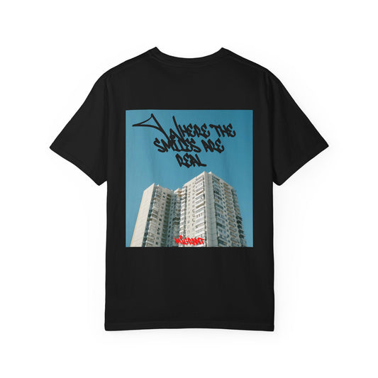 Photo Backprint T‑Shirt — Urban Graffiti 'Across the Skies Not Real' Streetwear