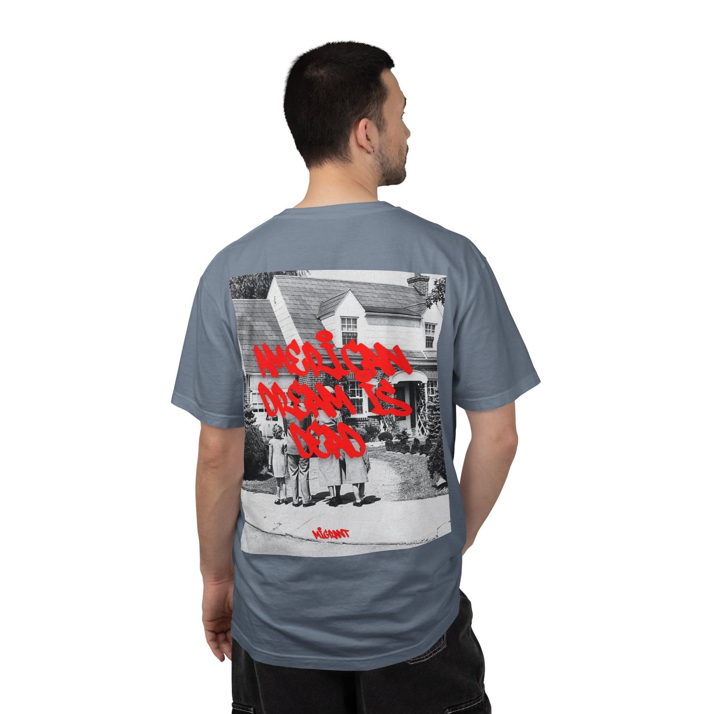 Graphic T‑Shirt — Vintage Photo Back with Red Graffiti "Religion Divides Us"