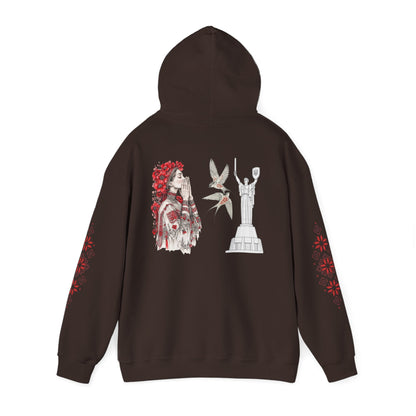 Ukrainian Pride Hoodie — Vyshyvanka Floral Sleeve & Independence Monument Design