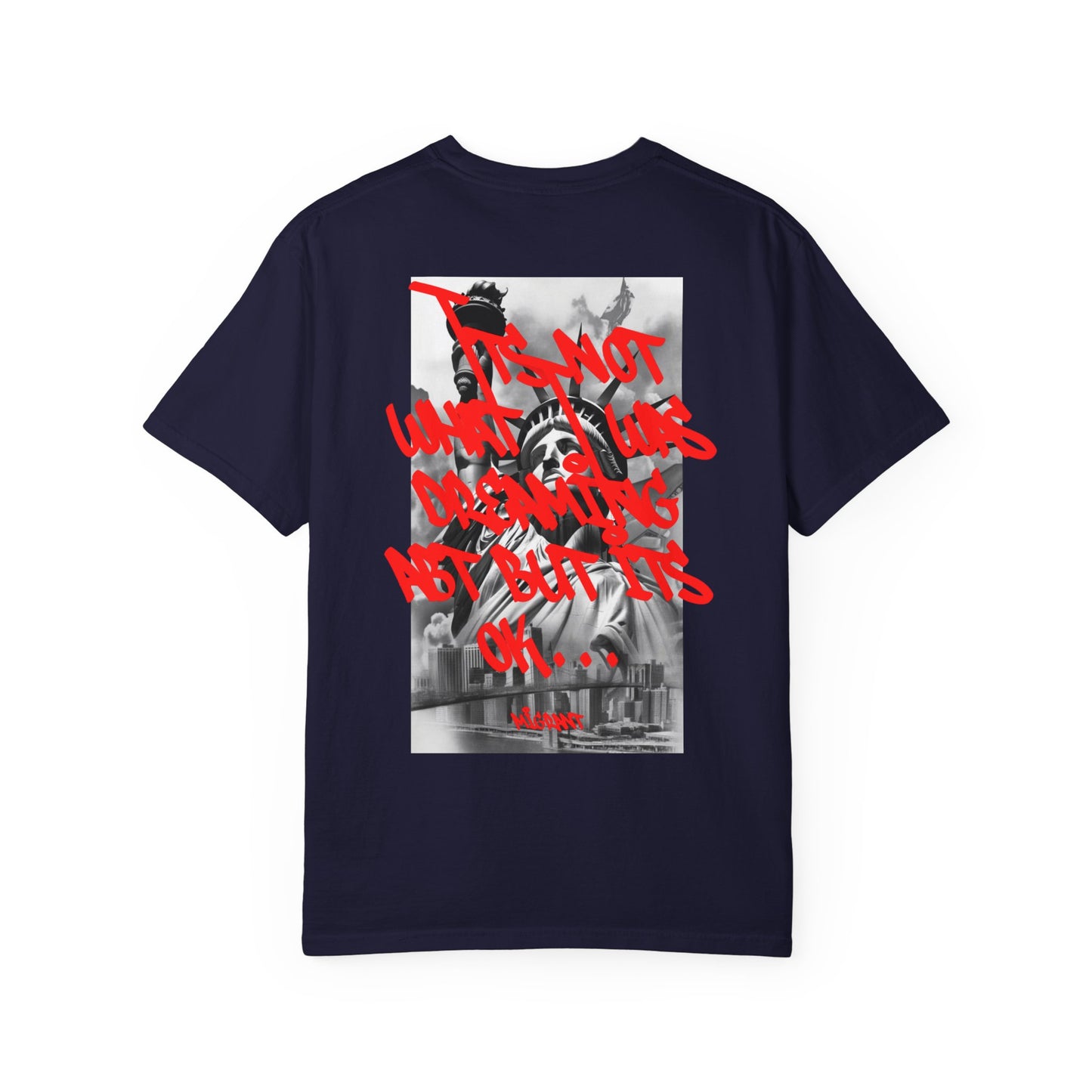 T-Shirt — Statue of Liberty Graphic Tee with Red Script "I'm Not Worried" Back Print