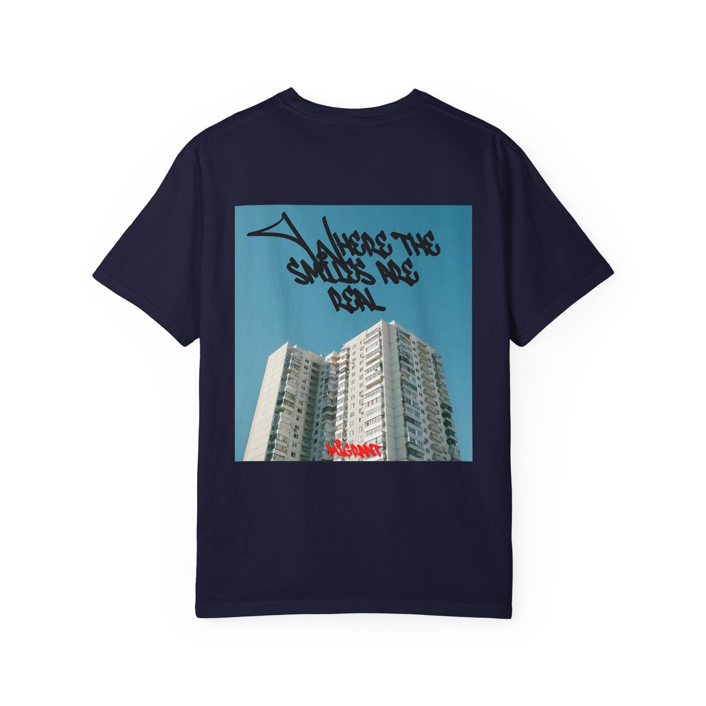 Photo Backprint T‑Shirt — Urban Graffiti 'Across the Skies Not Real' Streetwear