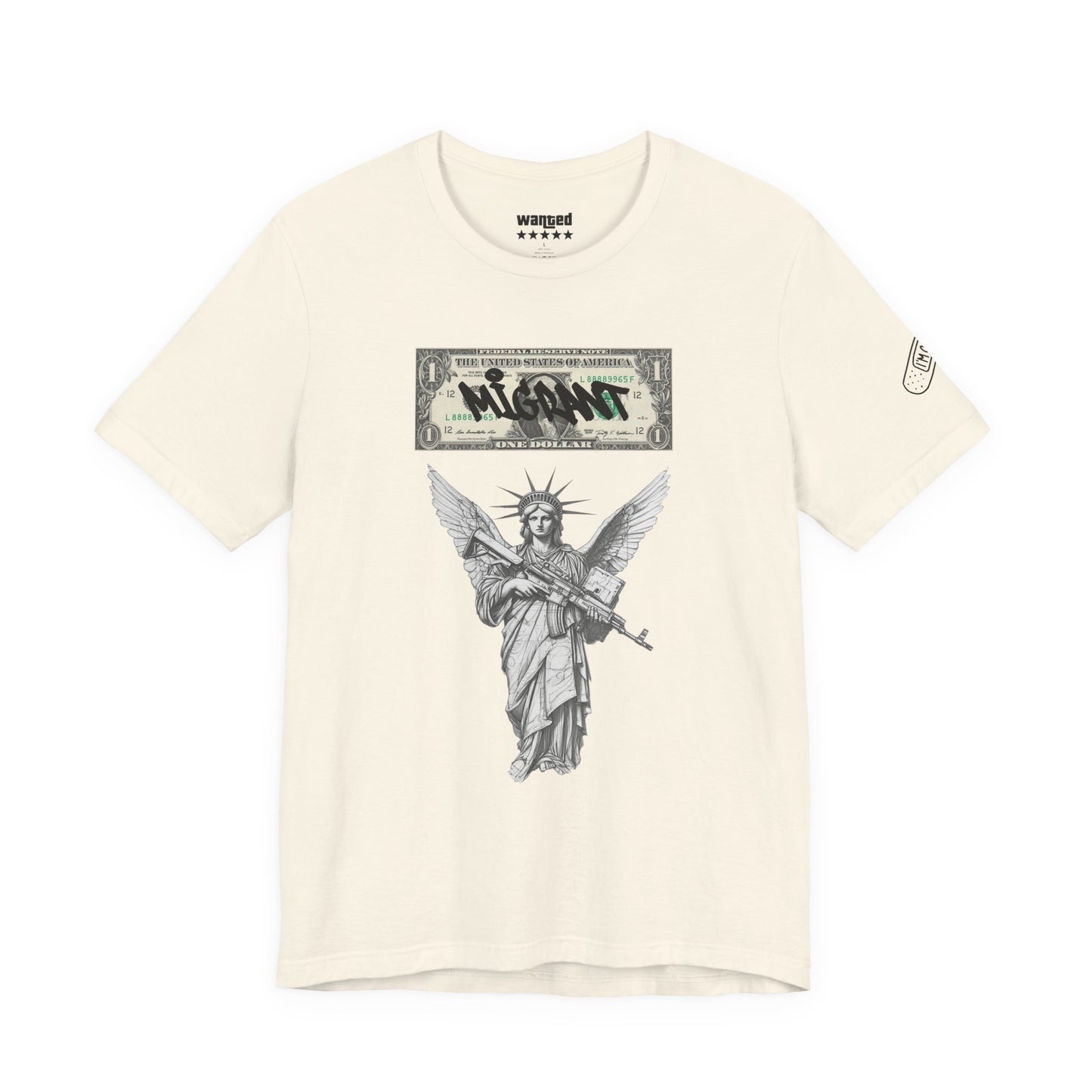 Statue of Liberty Angel Tee — 'MIGRANTS' Dollar Graphic Short Sleeve
