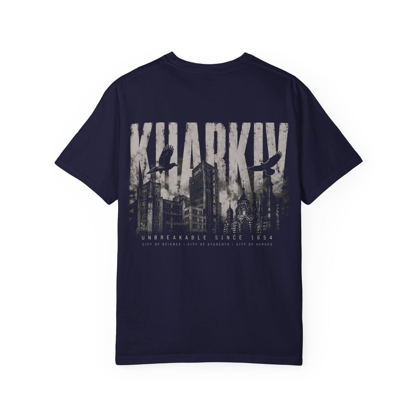 Kharkiv Cityscape T-Shirt — Vintage Garment-Dyed Tee with Skyline Backprint
