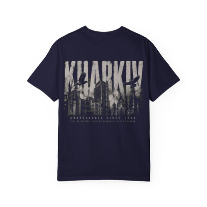 Kharkiv Cityscape T-Shirt — Vintage Garment-Dyed Tee with Skyline Backprint