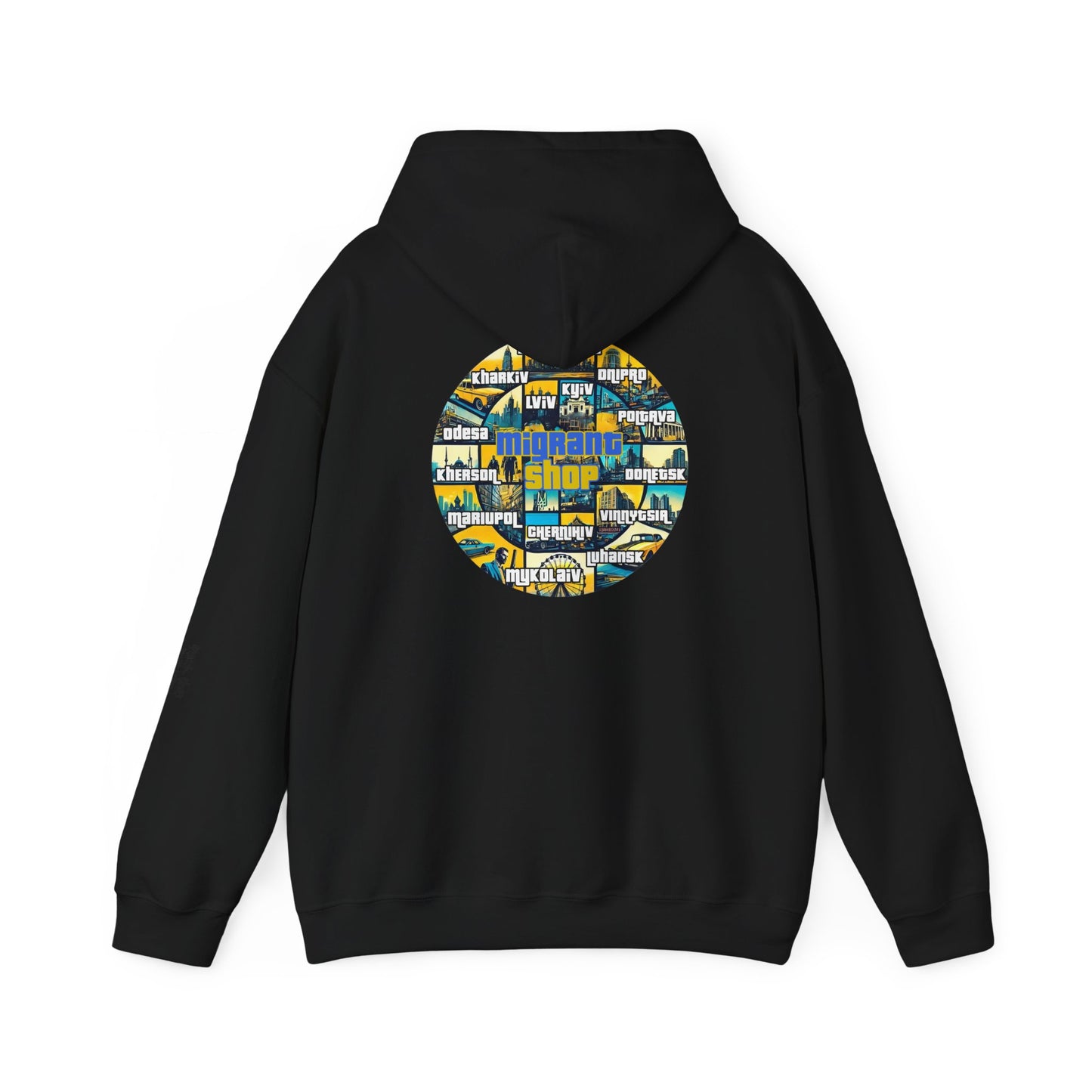 Hoodie • Circular 'Mugman Shop' Collage Logo Back — Minimal Chest Script