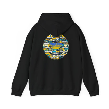 Hoodie • Circular 'Mugman Shop' Collage Logo Back — Minimal Chest Script