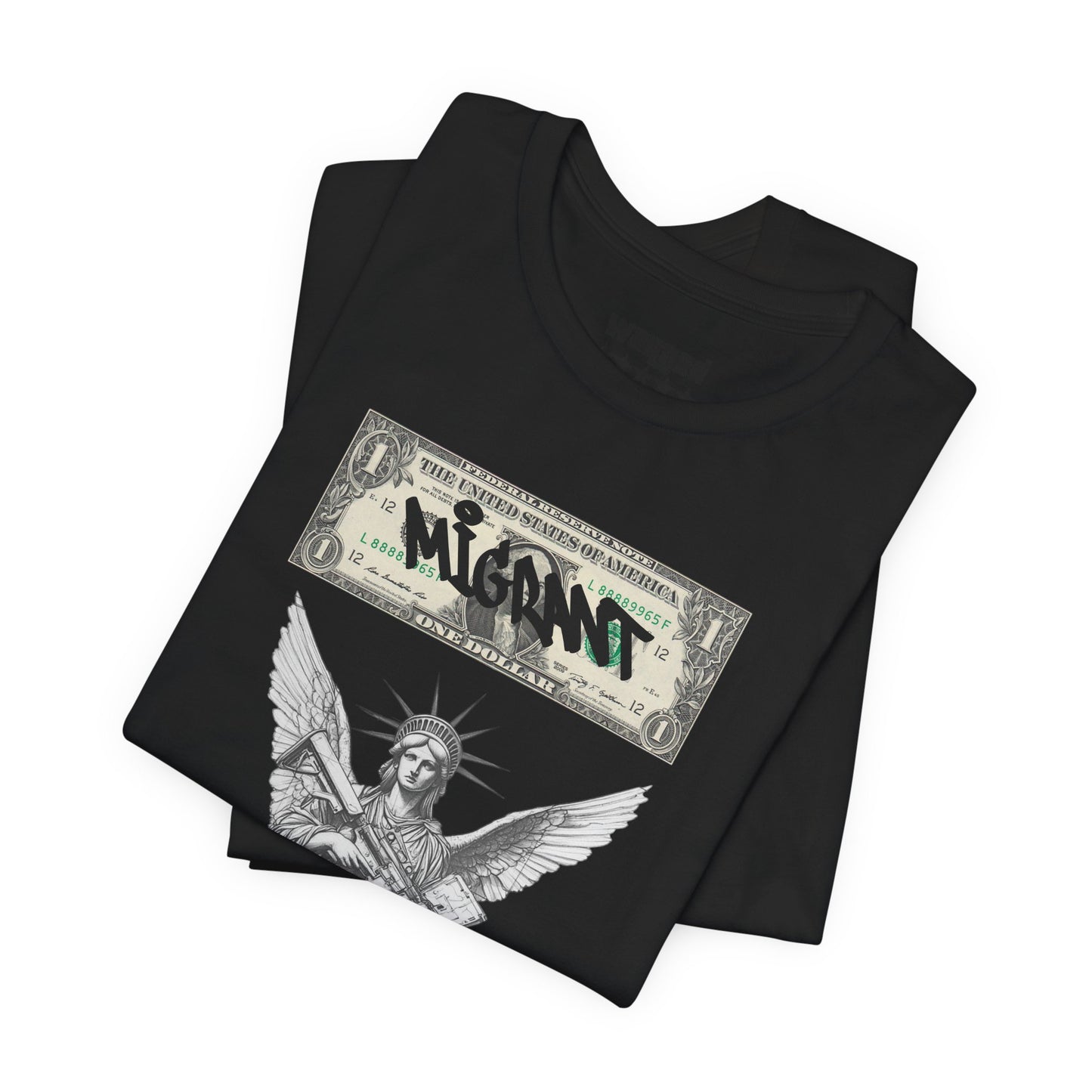 Statue of Liberty Angel Tee — 'MIGRANTS' Dollar Graphic Short Sleeve