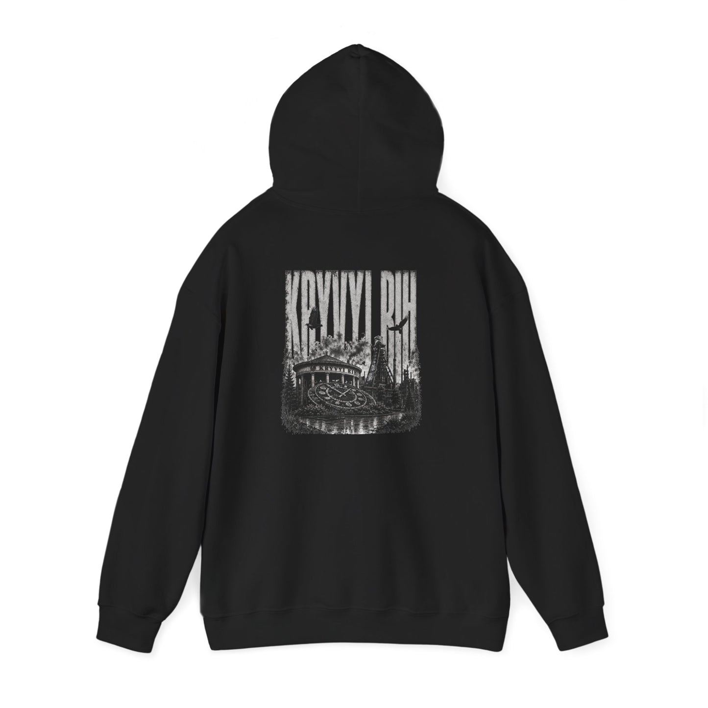 Hoodie — "Kryvyi Rih" Memorial Black Pullover with Cityscape Back Print