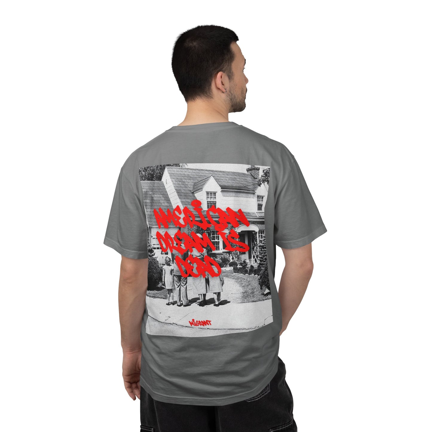 Graphic T‑Shirt — Vintage Photo Back with Red Graffiti "Religion Divides Us"