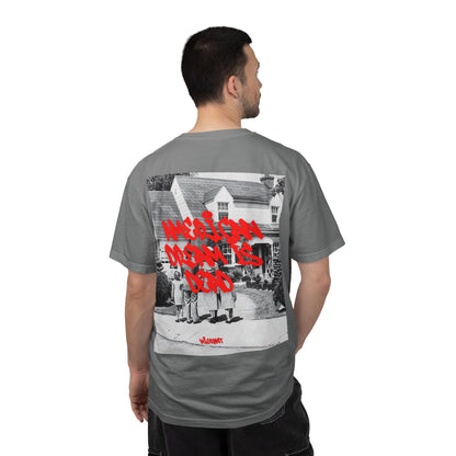 Graphic T‑Shirt — Vintage Photo Back with Red Graffiti "Religion Divides Us"