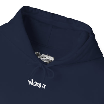 Hoodie • Circular 'Mugman Shop' Collage Logo Back — Minimal Chest Script
