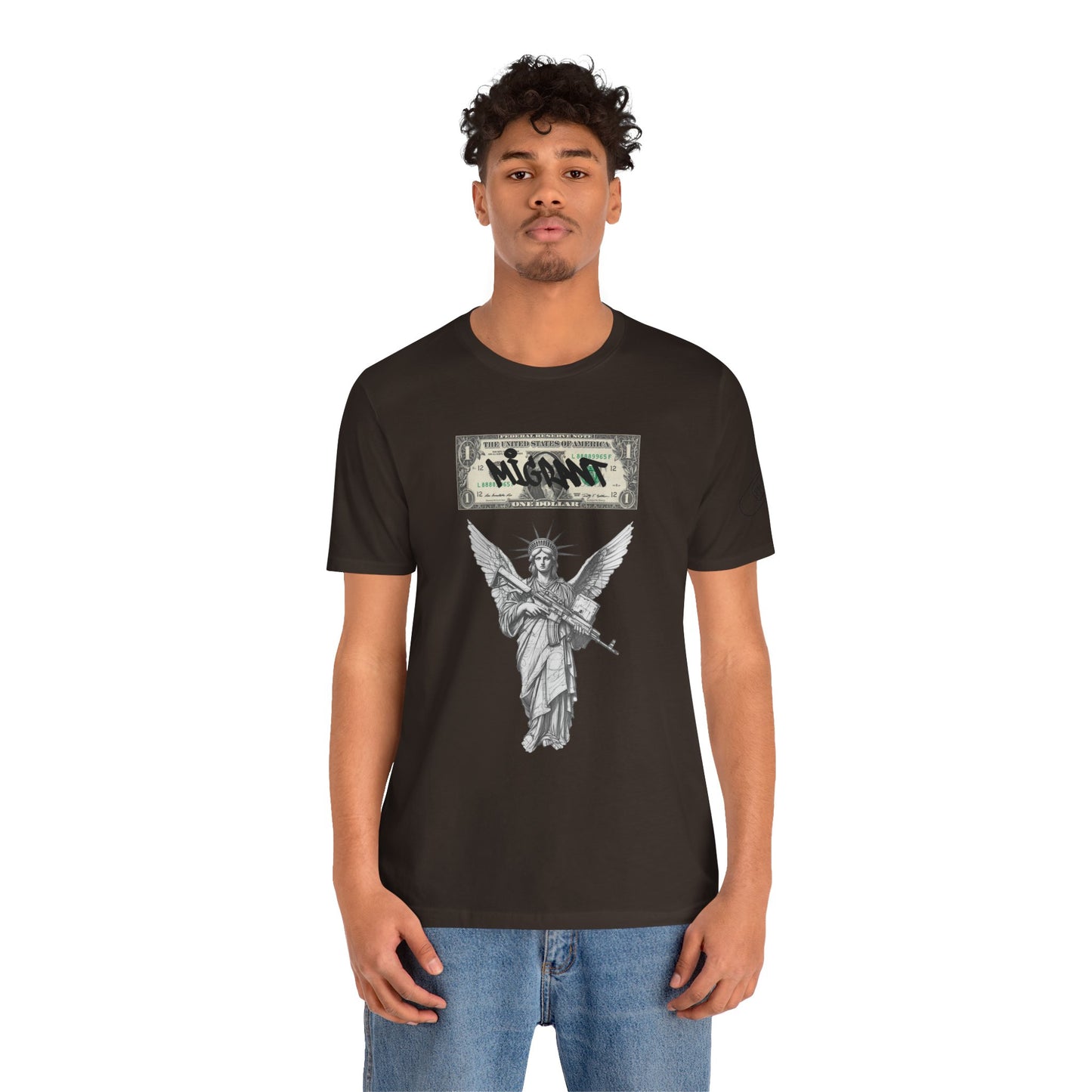 Statue of Liberty Angel Tee — 'MIGRANTS' Dollar Graphic Short Sleeve