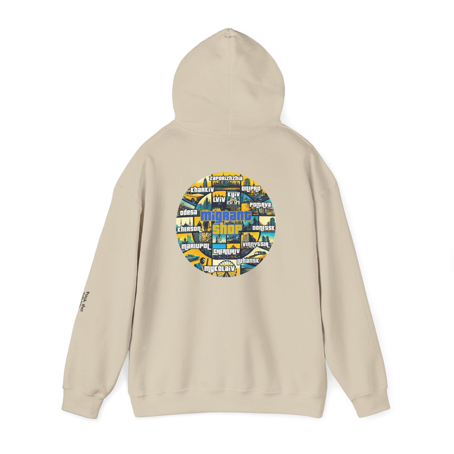 Hoodie • Circular 'Mugman Shop' Collage Logo Back — Minimal Chest Script