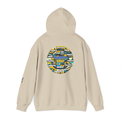 Hoodie • Circular 'Mugman Shop' Collage Logo Back — Minimal Chest Script