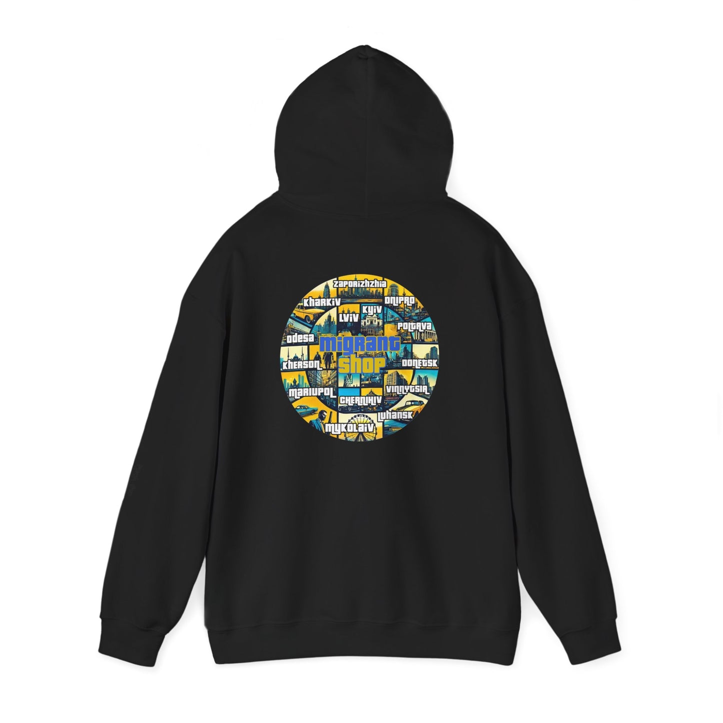Hoodie • Circular 'Mugman Shop' Collage Logo Back — Minimal Chest Script