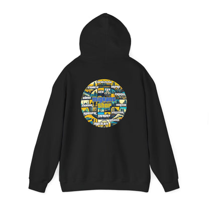 Hoodie • Circular 'Mugman Shop' Collage Logo Back — Minimal Chest Script