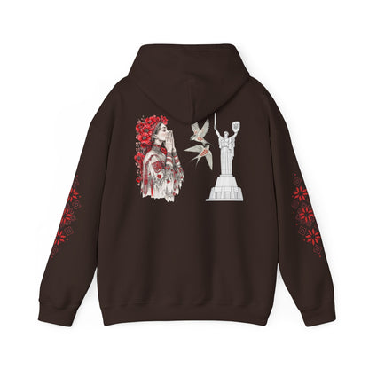 Ukrainian Pride Hoodie — Vyshyvanka Floral Sleeve & Independence Monument Design