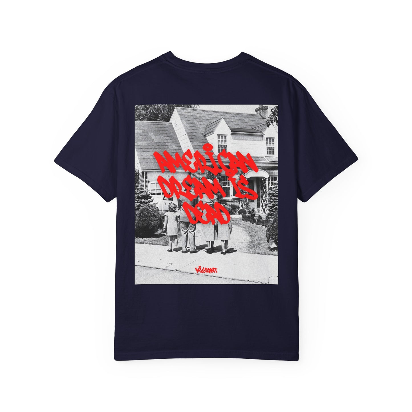 Graphic T‑Shirt — Vintage Photo Back with Red Graffiti "Religion Divides Us"