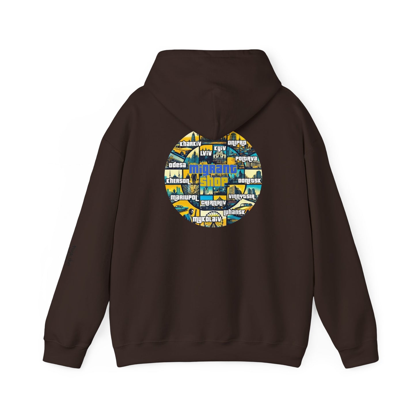 Hoodie • Circular 'Mugman Shop' Collage Logo Back — Minimal Chest Script