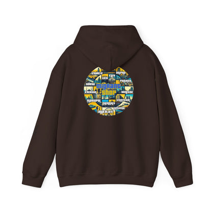 Hoodie • Circular 'Mugman Shop' Collage Logo Back — Minimal Chest Script