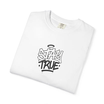 T-Shirt — 'Stay True' Graffiti Skate Tee with 'Fuck the System' Back Accent