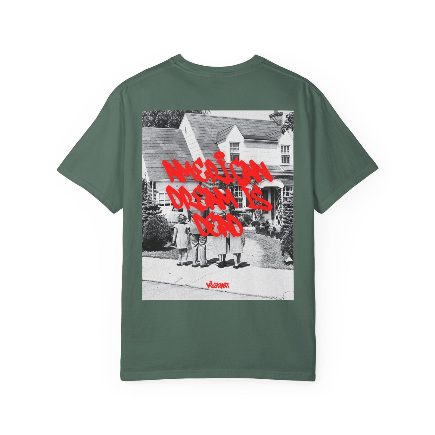 Graphic T‑Shirt — Vintage Photo Back with Red Graffiti "Religion Divides Us"