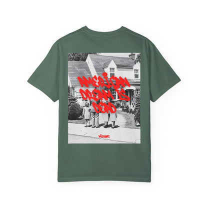 Graphic T‑Shirt — Vintage Photo Back with Red Graffiti "Religion Divides Us"