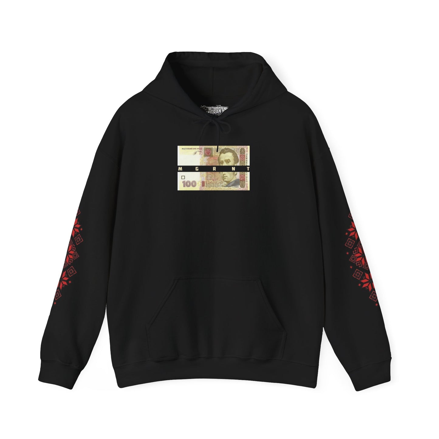 Ukrainian Pride Hoodie — Vyshyvanka Floral Sleeve & Independence Monument Design