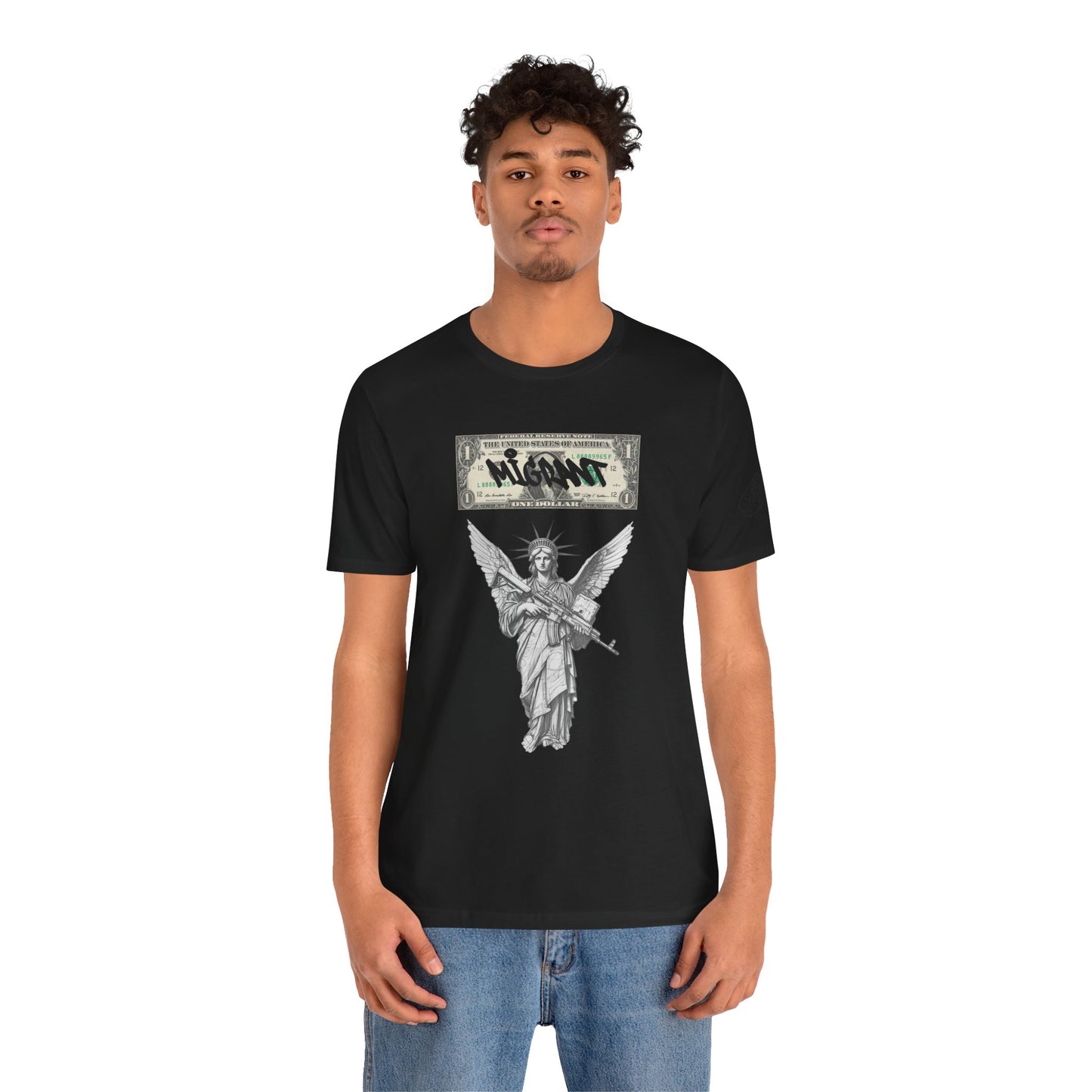 Statue of Liberty Angel Tee — 'MIGRANTS' Dollar Graphic Short Sleeve