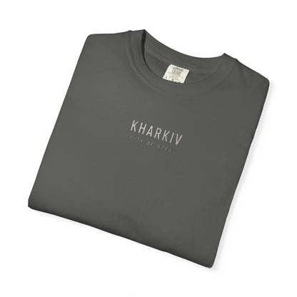 Kharkiv Cityscape T-Shirt — Vintage Garment-Dyed Tee with Skyline Backprint