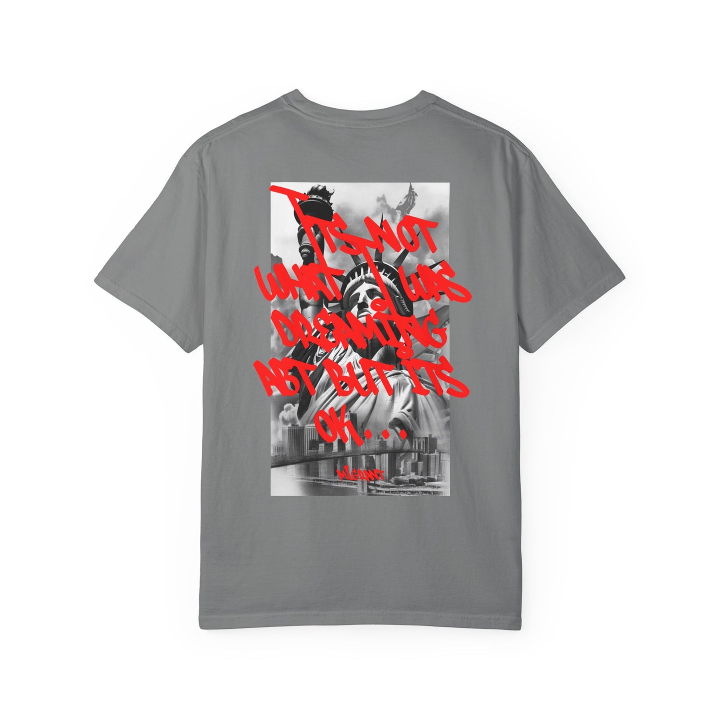 T-Shirt — Statue of Liberty Graphic Tee with Red Script "I'm Not Worried" Back Print