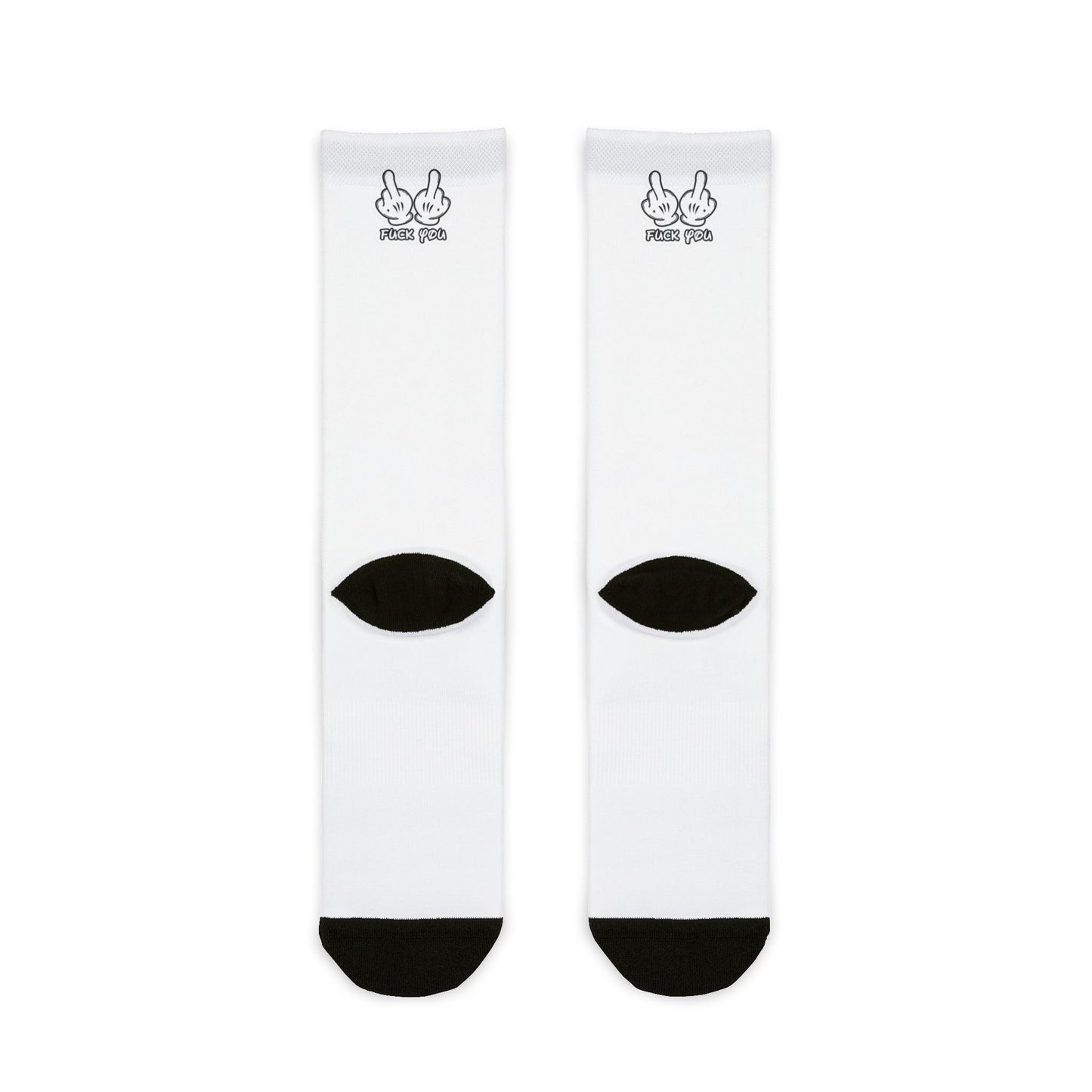 Edgy Sublimation Crew Socks — Black Fist & 'F*** You' Middle Finger Graphic