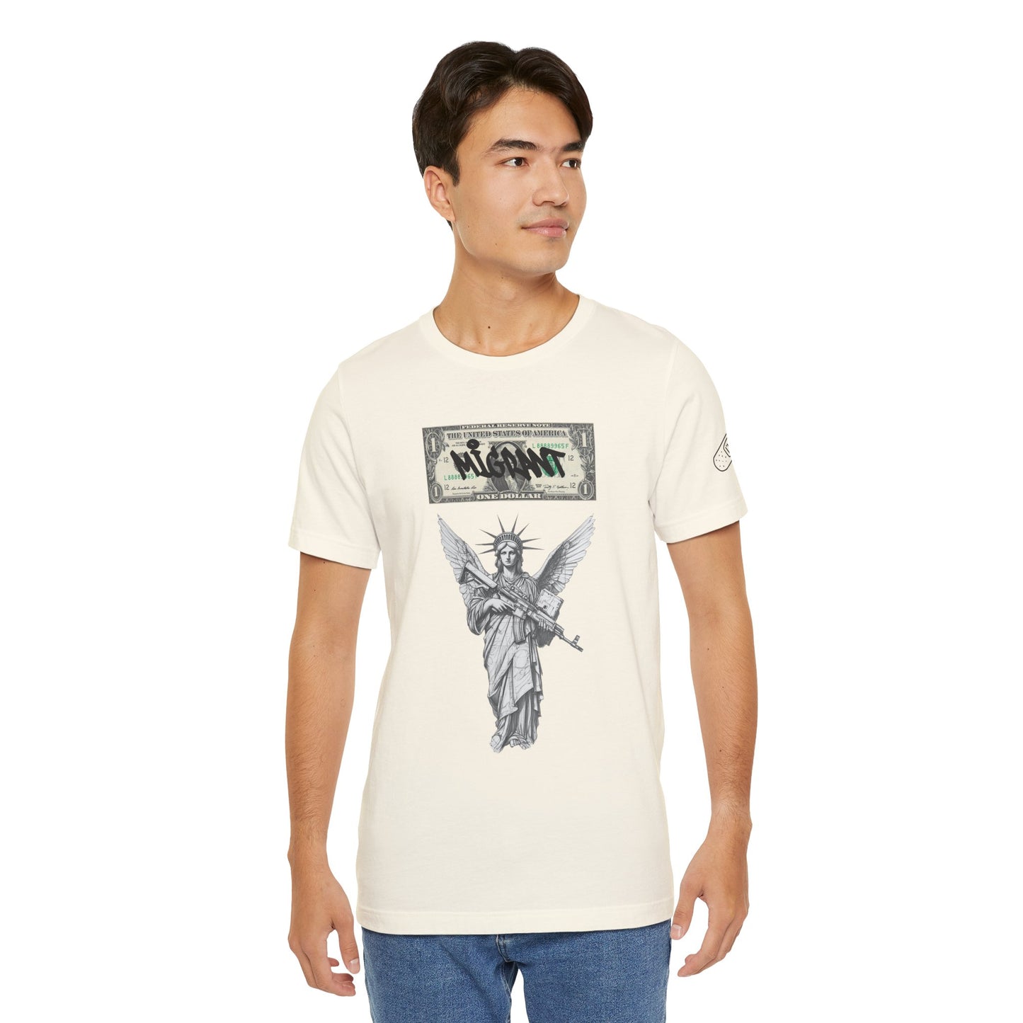 Statue of Liberty Angel Tee — 'MIGRANTS' Dollar Graphic Short Sleeve