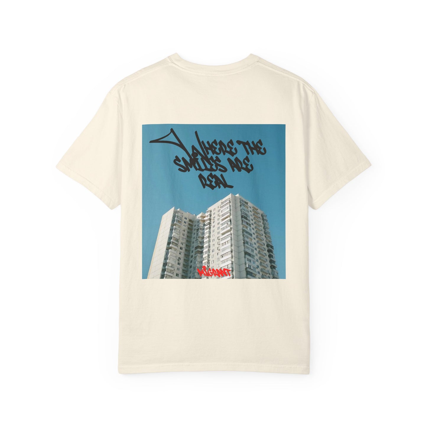 Photo Backprint T‑Shirt — Urban Graffiti 'Across the Skies Not Real' Streetwear