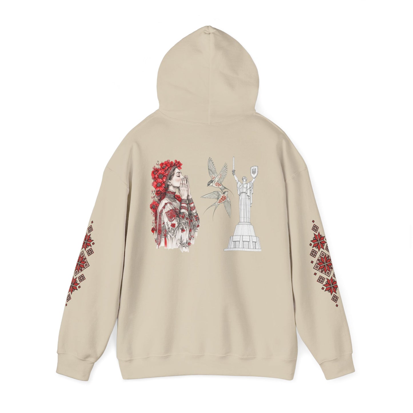 Ukrainian Pride Hoodie — Vyshyvanka Floral Sleeve & Independence Monument Design