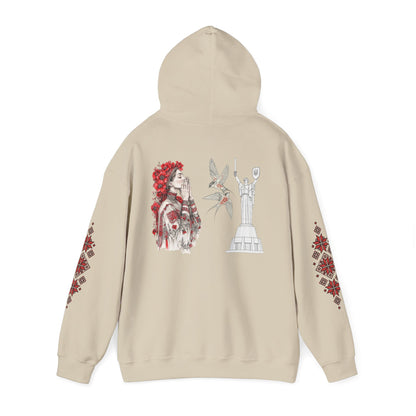 Ukrainian Pride Hoodie — Vyshyvanka Floral Sleeve & Independence Monument Design