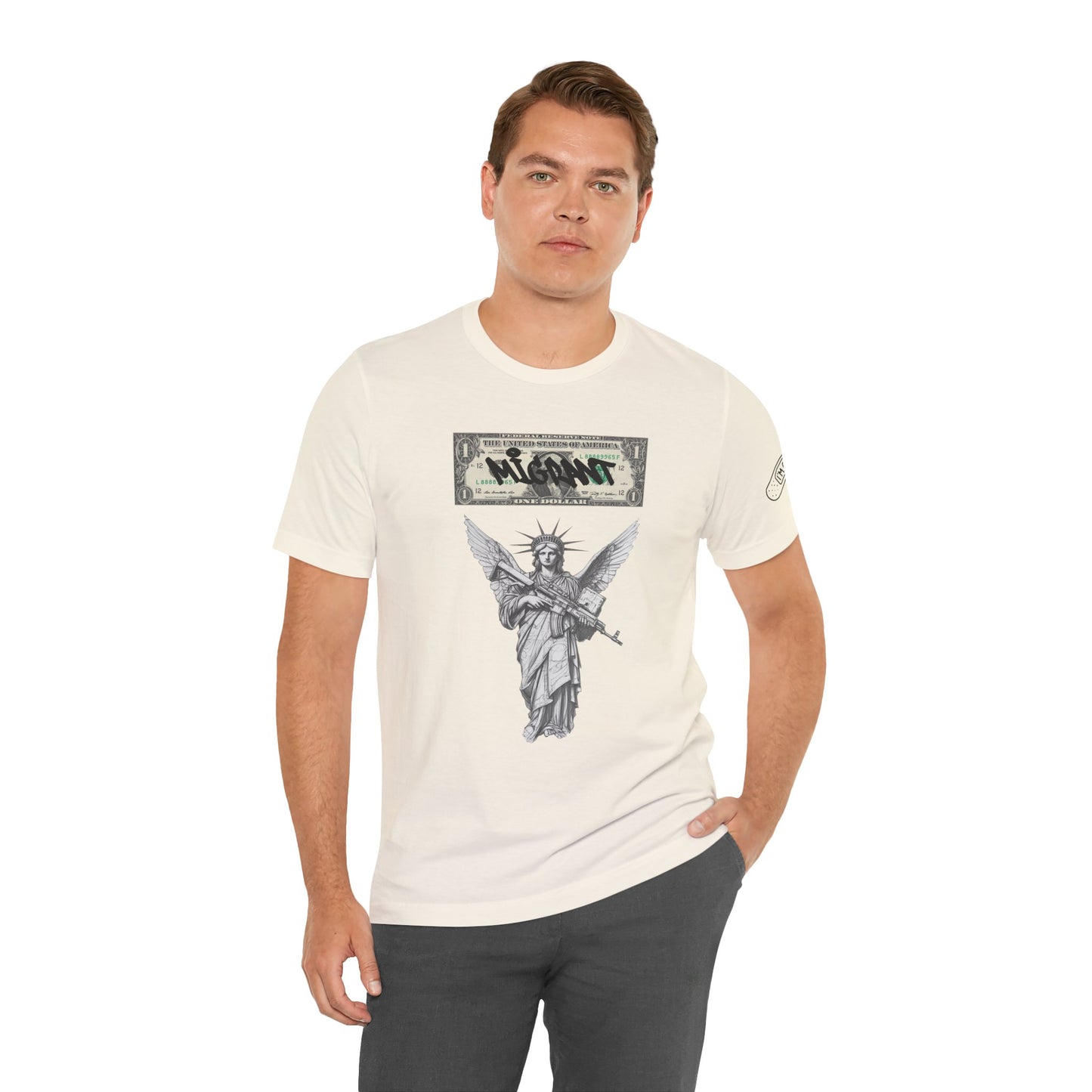 Statue of Liberty Angel Tee — 'MIGRANTS' Dollar Graphic Short Sleeve