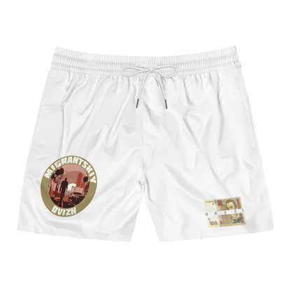 Money Patch Swim Shorts — Mens Mid-Length Beach Trunks with Retro Emblem