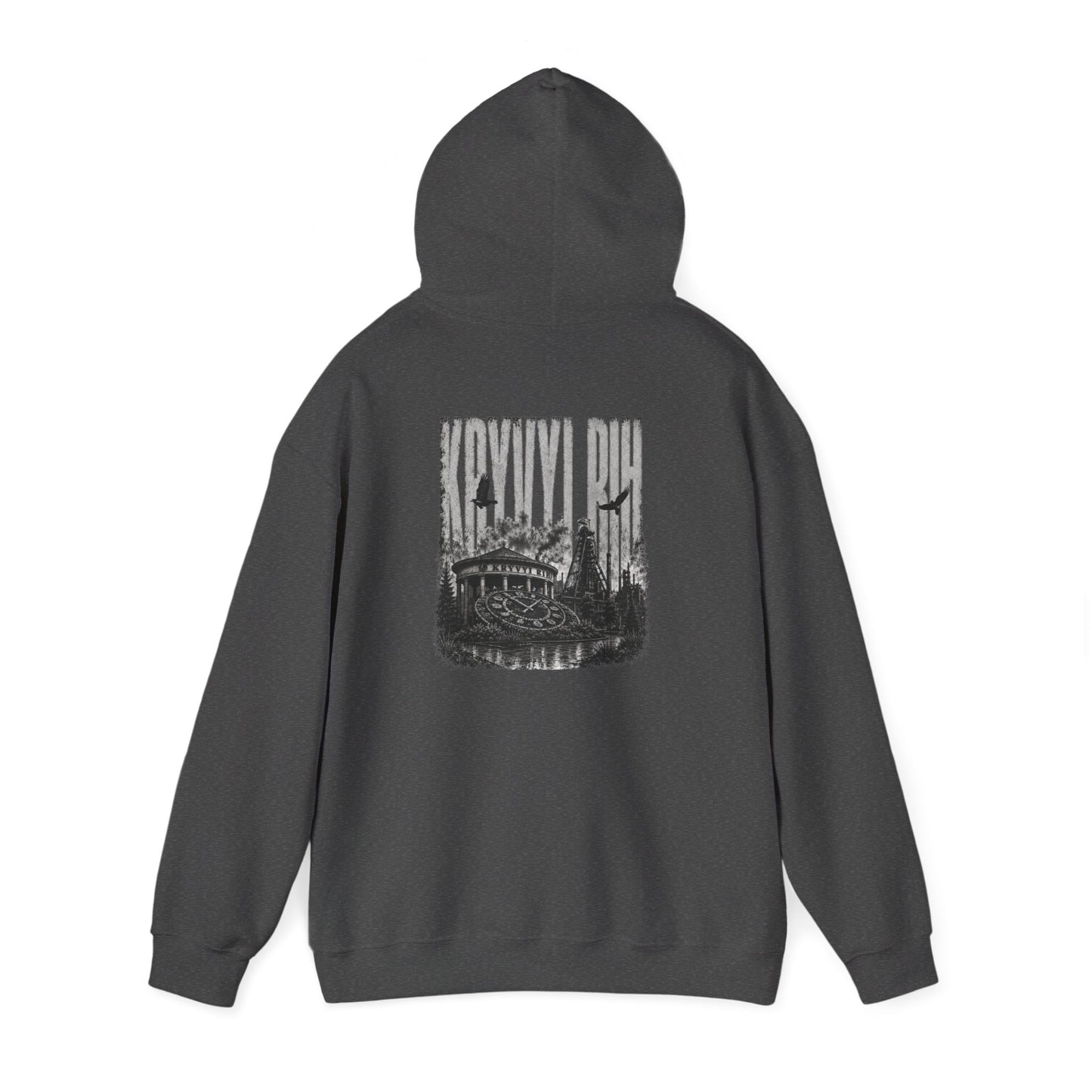 Hoodie — "Kryvyi Rih" Memorial Black Pullover with Cityscape Back Print