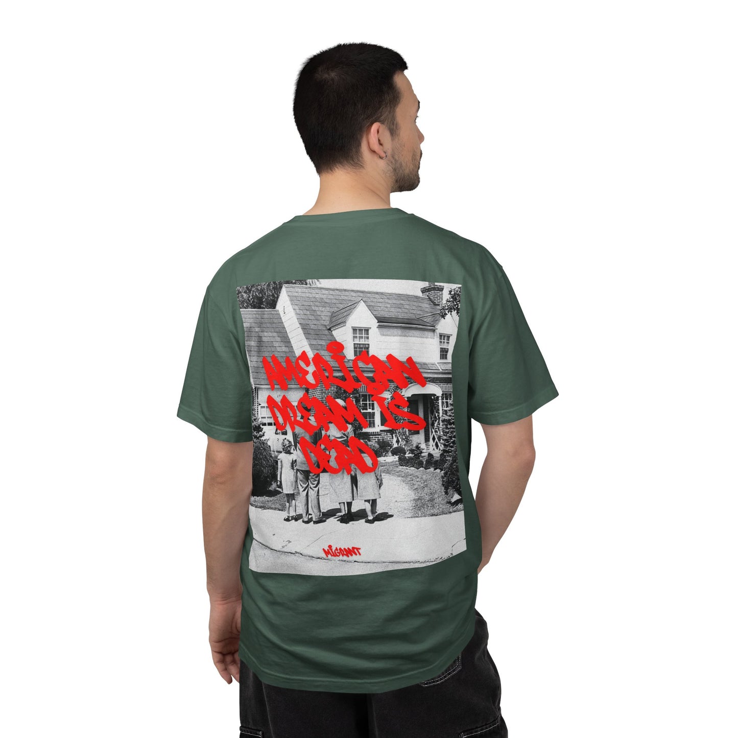 Graphic T‑Shirt — Vintage Photo Back with Red Graffiti "Religion Divides Us"