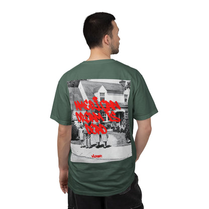 Graphic T‑Shirt — Vintage Photo Back with Red Graffiti "Religion Divides Us"