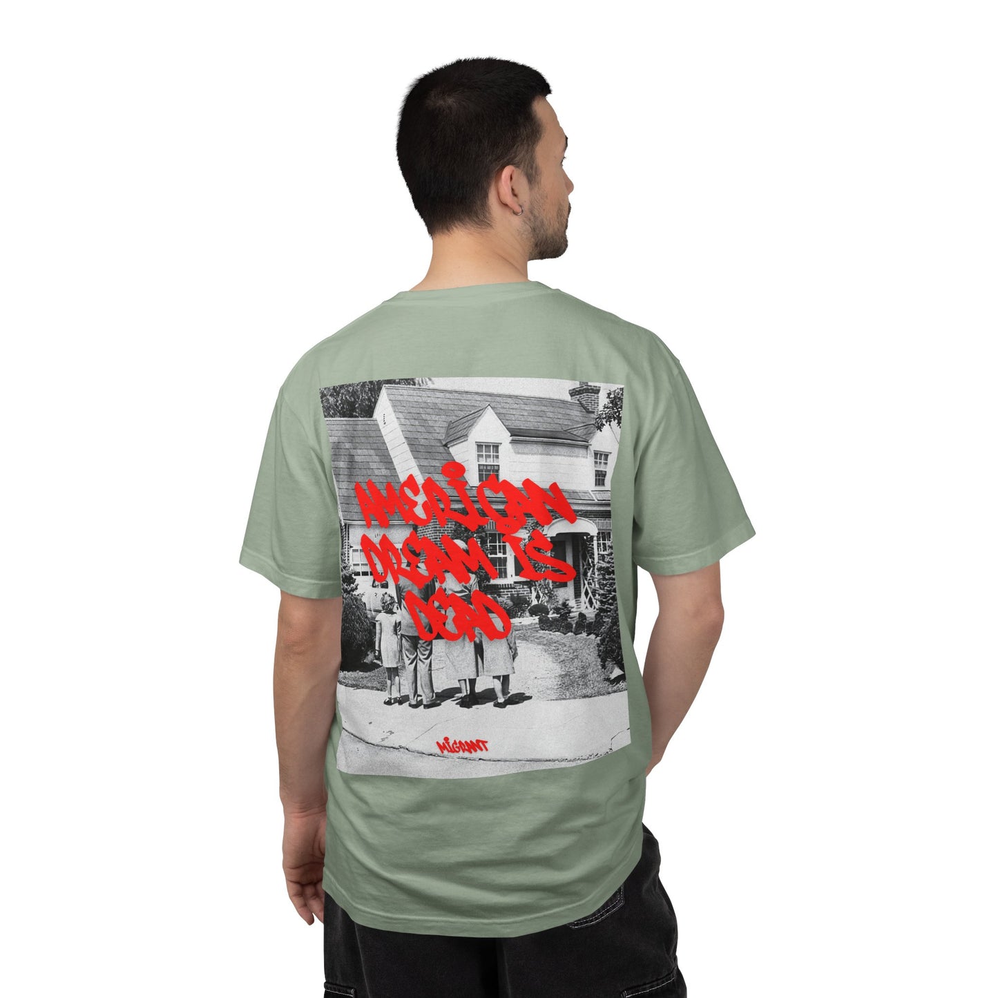 Graphic T‑Shirt — Vintage Photo Back with Red Graffiti "Religion Divides Us"