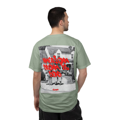 Graphic T‑Shirt — Vintage Photo Back with Red Graffiti "Religion Divides Us"