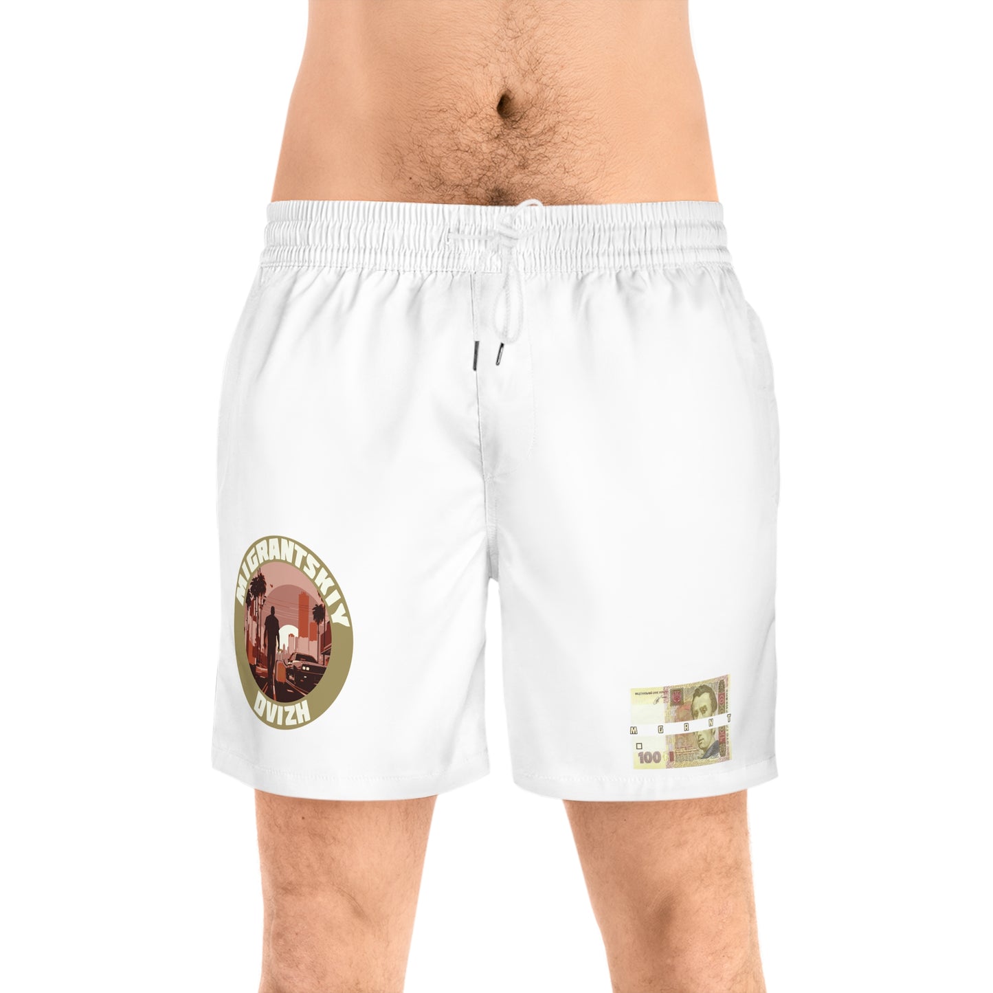 Money Patch Swim Shorts — Mens Mid-Length Beach Trunks with Retro Emblem