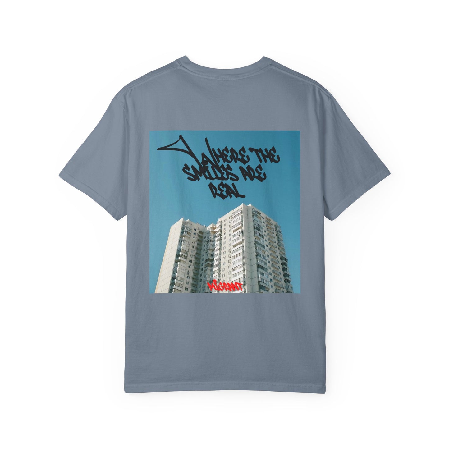 Photo Backprint T‑Shirt — Urban Graffiti 'Across the Skies Not Real' Streetwear