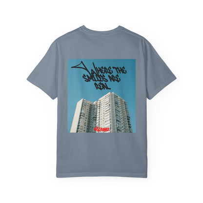 Photo Backprint T‑Shirt — Urban Graffiti 'Across the Skies Not Real' Streetwear