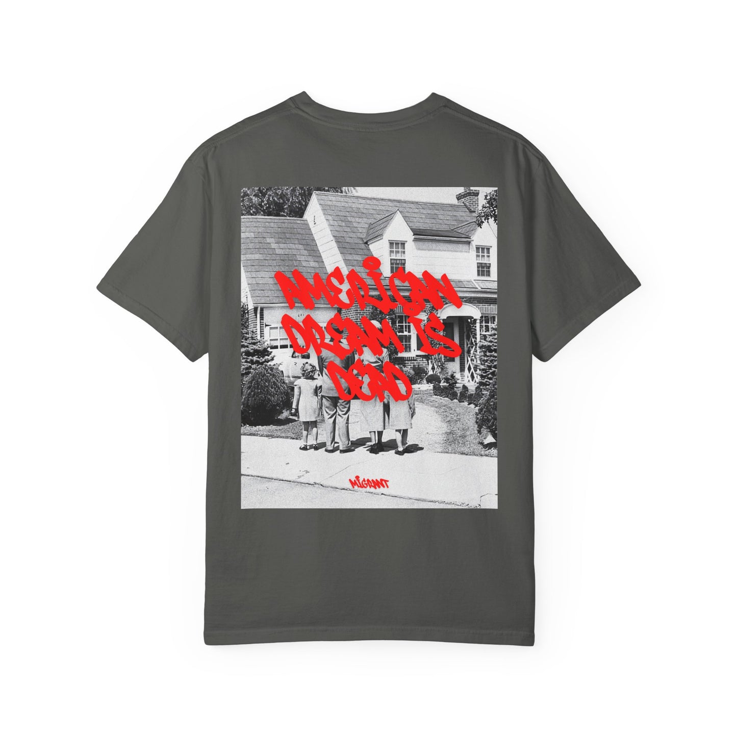 Graphic T‑Shirt — Vintage Photo Back with Red Graffiti "Religion Divides Us"