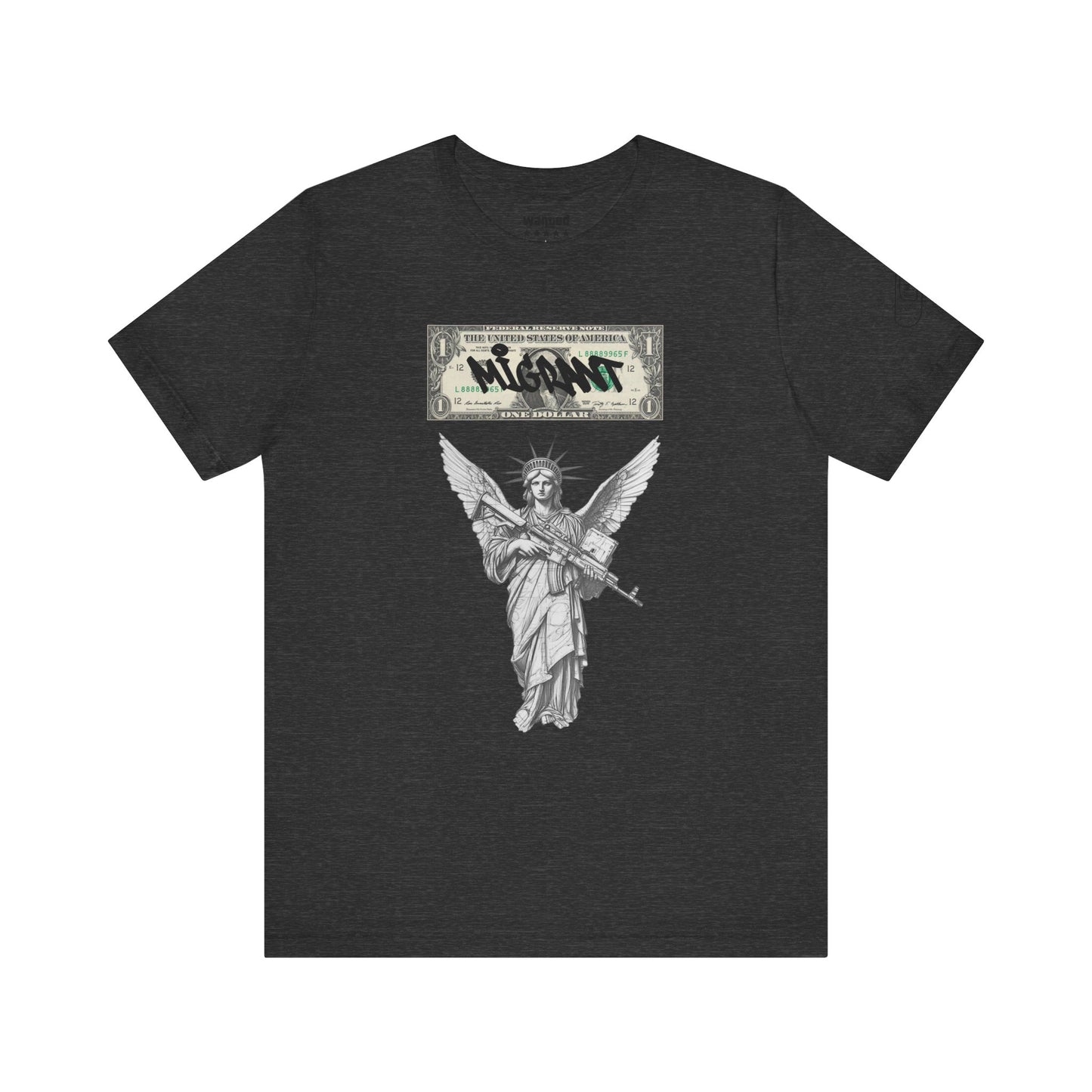 Statue of Liberty Angel Tee — 'MIGRANTS' Dollar Graphic Short Sleeve