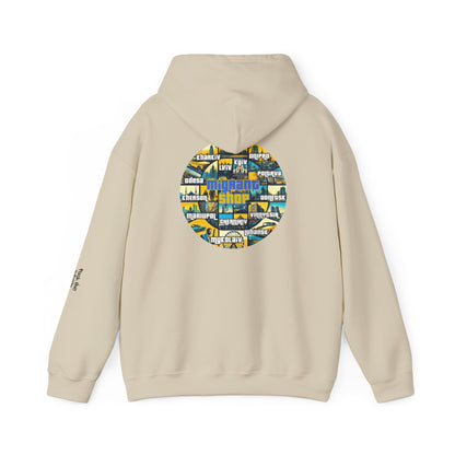 Hoodie • Circular 'Mugman Shop' Collage Logo Back — Minimal Chest Script